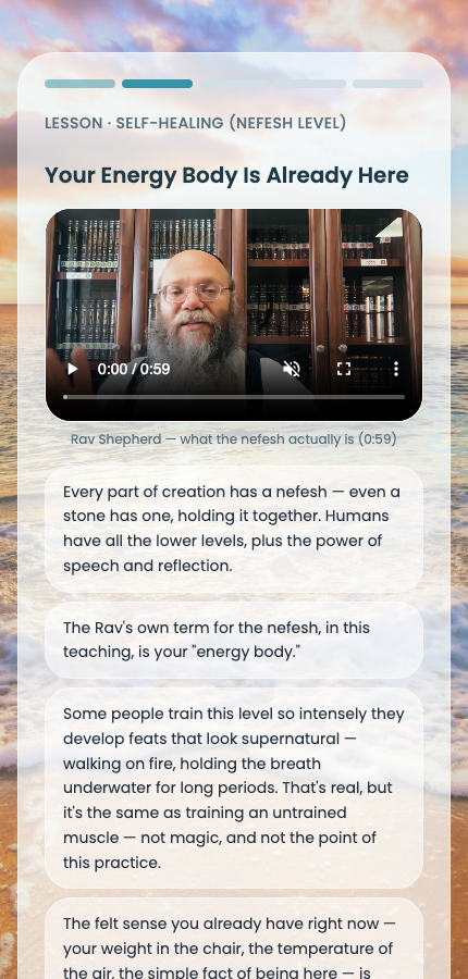 jMeditate app screen: Lesson with a real Rav Shepherd video clip