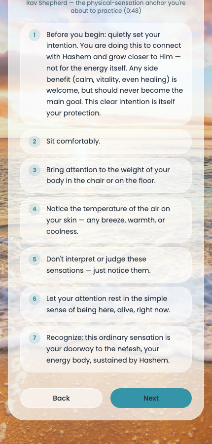 jMeditate app screen: guided technique steps